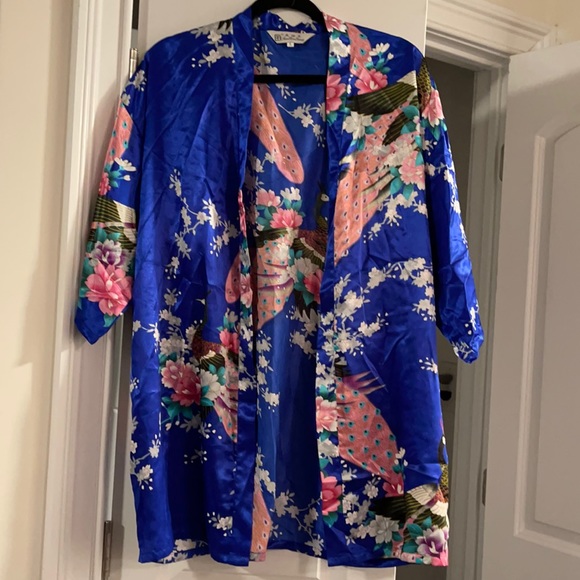 Blue & Pink peacock oriental soft silk Kimono robe large - Picture 1 of 5